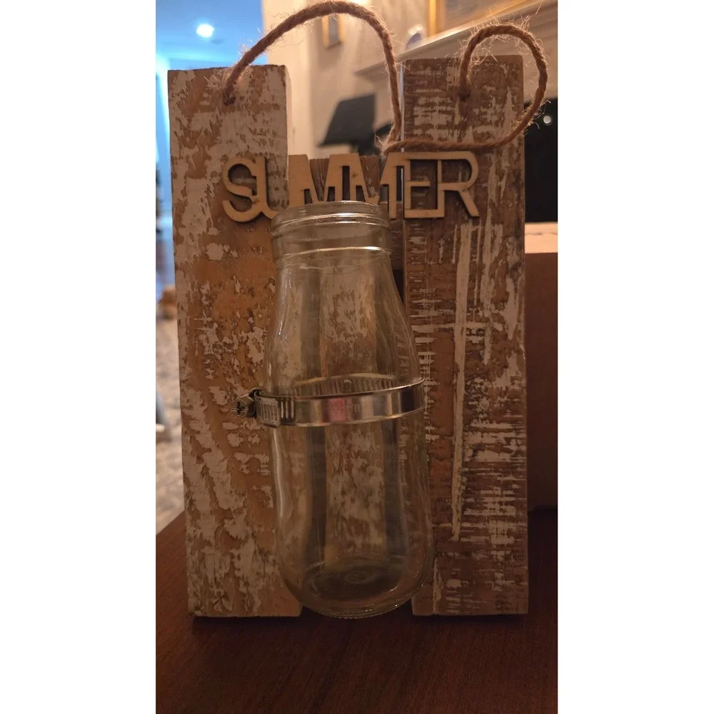 Rustic Wood Summer Wall Hanging Glass‎ Milk Bottle Bud Vase/Sconce Farm Decor